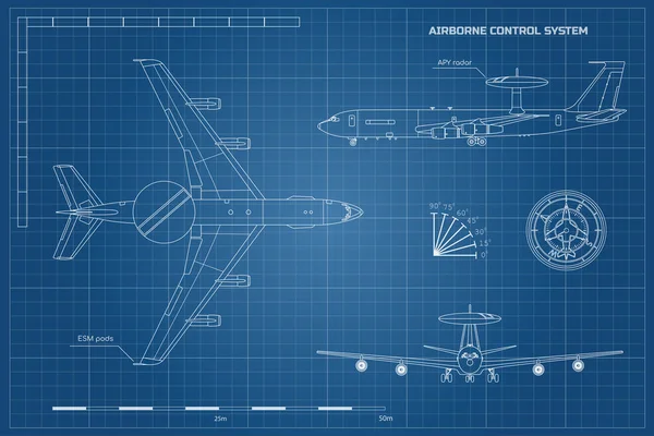 Delinear o plano das aeronaves militares. Visão de jato superior, frontal e lateral. Avião do Exército com sistema de aviso e controle aéreo. Desenho isolado industrial — Vetor de Stock