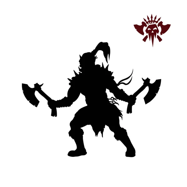 Schwarze Silhouette des Orks mit Axt auf dem Hintergrund. Fantasiefigur. Wütender Krieger mit Waffe. Barbarische Tätowierung — Stockvektor