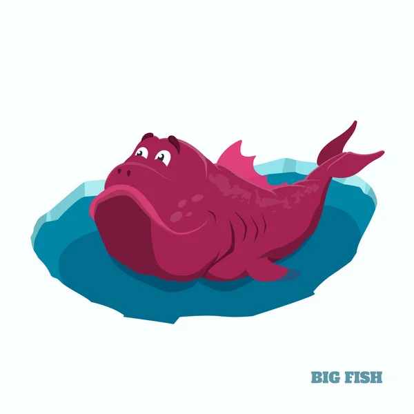 Pez rosa grande en estilo de dibujos animados. Monstruo del lago de fantasía en el agujero de hielo. Imagen aislada del trofeo de pesca — Vector de stock