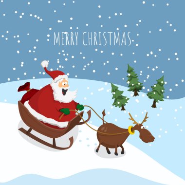 Christmas card with Santa Claus and deer. Winter landscape in cartoon style. Sled with New Years gifts. Poster of funny characters