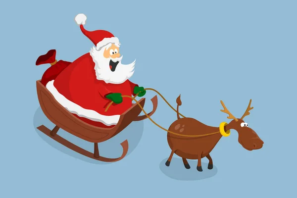 Santa Claus and deer in cartoon style. Sled with New Years gifts. Isolated image of christmas characters — Stok Vektör