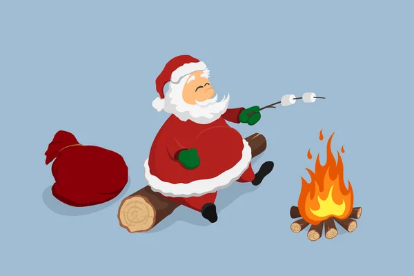 Noel Baba şenlik ateşinin yanında dinleniyor. Noel görüntüsü izole edilmiş. Hediyelerle rahatlayan adam marşmelov kızartıyor. Orman kamp ateşi — Stok Vektör