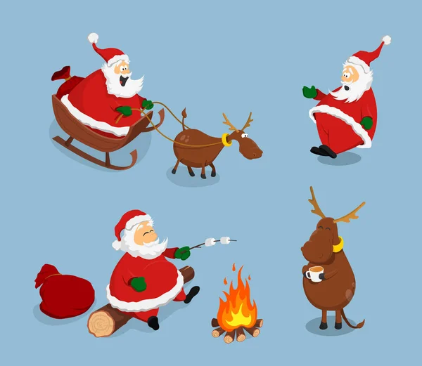 Çizgi film tarzında Noel Baba ve geyik. Noel karakterlerinin izole edilmiş görüntüsü. Yeni yıl sahnesi — Stok Vektör
