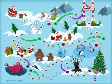 Labirentli Noel haritası. Çocuklar için macera masası oyunu. Çizgi film tarzında tahta oyunu. Noel Baba, geyik, kocaayak ve elf izometrik görüntüde. Labirentten geçen yol. Bulmaca yolculuğu