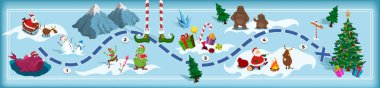 Labirentli Noel haritası. Çocuklar için macera masası oyunu. Çizgi film tarzında tahta oyunu. Noel Baba, geyik, kocaayak ve elf izometrik görüntüde. Fantezi yolu. Tatil manzarası