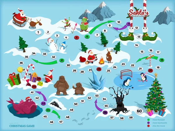 Рождественская карта с лабиринтом. Настольная игра для детей. Boardgame in cartoon style. Санта, олень, снежный человек и эльф с изометрическим видом. Путь через лабиринт. Путинское путешествие — стоковый вектор