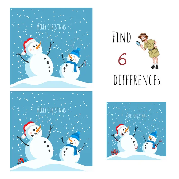 Find 6 differences. Educational game for children. Cartoon snowman in santa hat. Christmas puzzle — Stock Vector