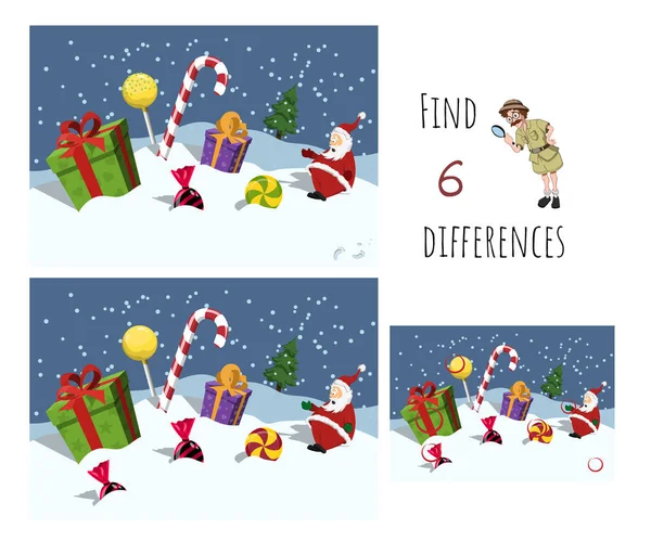 Temukan 7 perbedaan. Permainan pendidikan untuk anak-anak. Kartun Santa, hadiah dan permen. Teka teki Natal Stok Ilustrasi Bebas Royalti