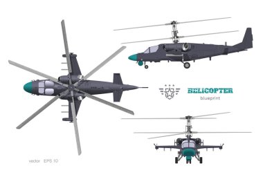 Askeri helikopter 3D planlar. Silahlı hava aracının üst, yan ve ön görüntüsü. Endüstriyel görüntü. Savaş helikopteri