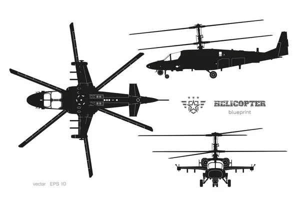 Siluet hitam helikopter militer. Tampilan atas, samping dan depan kendaraan udara bersenjata. Cetak biru terisolasi industri. Helikopter perang - Stok Vektor