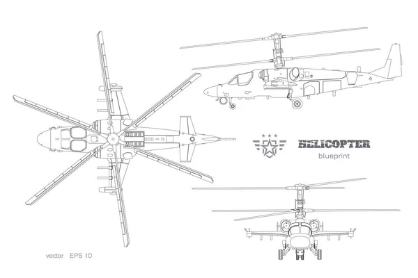 Garis besar cetak biru helikopter militer. Tampilan atas, samping dan depan kendaraan udara bersenjata. Industri terisolasi gambar. Helikopter perang Stok Ilustrasi 
