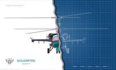 Askeri helikopterin planının taslağı. Silahlı hava aracının ön görüntüsü. Sanayi 3 boyutlu görüntüyü izole etti. Savaş helikopteri