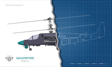 Askeri helikopterin planının taslağı. Silahlı hava aracının yan görüntüsü. Sanayi 3 boyutlu görüntüyü izole etti. Savaş helikopteri