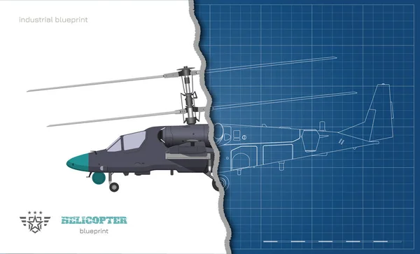 Garis besar cetak biru helikopter militer. Sisi tampilan kendaraan udara bersenjata. Industri terisolasi gambar 3d. Helikopter perang - Stok Vektor