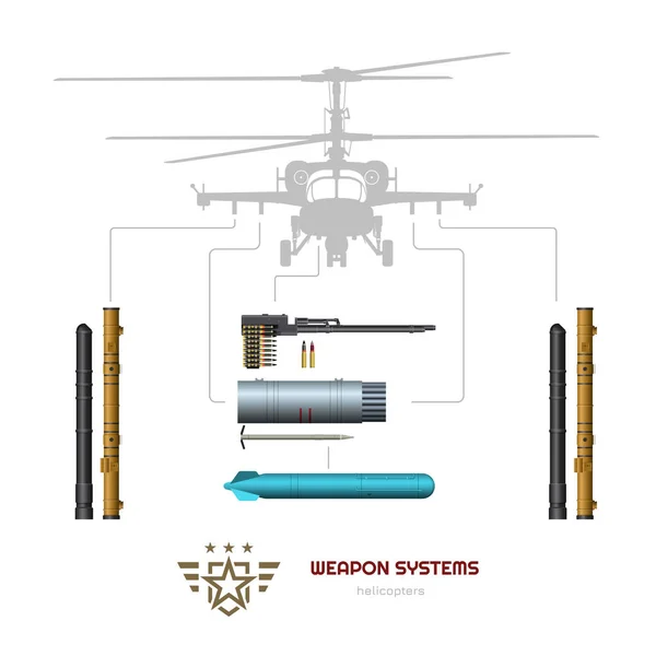 Senjata militer pesawat atau helikopter. Gambar 3d terisolasi dari amunisi pesawat. Amunisi pesawat: rudal, bom dan senapan mesin - Stok Vektor