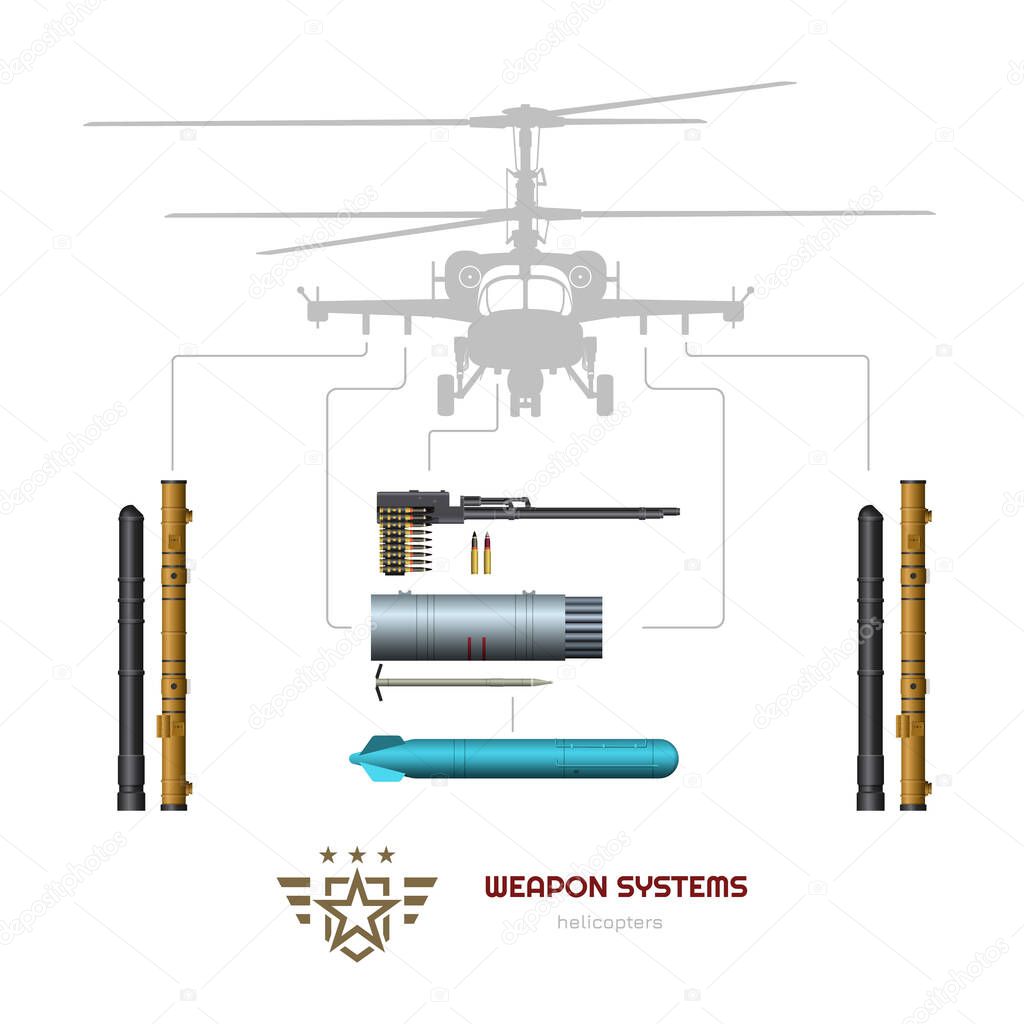 Military weapon of airplane or helicopter. Isolated 3d image of airplane ammo. Aircraft ammunition: missile, bomb and machine gun