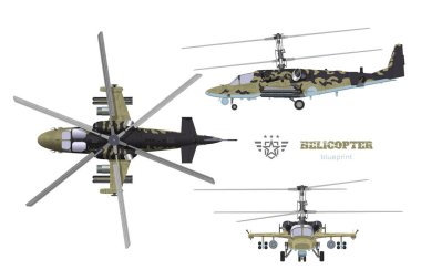 Kamuflaj askeri helikopterinin planı. Silahlı aracın yan, üst ve ön görüntüsü. Endüstriyel 3D çizim ve harici silah. İzole edilmiş savaş helikopteri.
