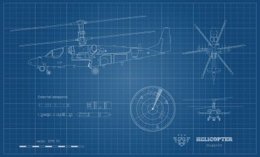 Askeri helikopterin planının taslağı. Silahlı aracın yan, üst ve ön görüntüsü. Dış silahlarla endüstriyel görüntü. Savaş helikopteri