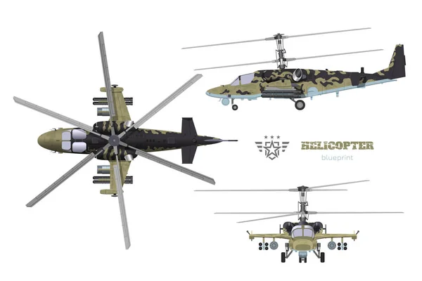 Cetak biru dari helikopter militer kamuflase. Sisi, atas dan depan tampilan kendaraan udara bersenjata. Industri 3d gambar dengan senjata eksternal. Helikopter perang yang terisolasi - Stok Vektor