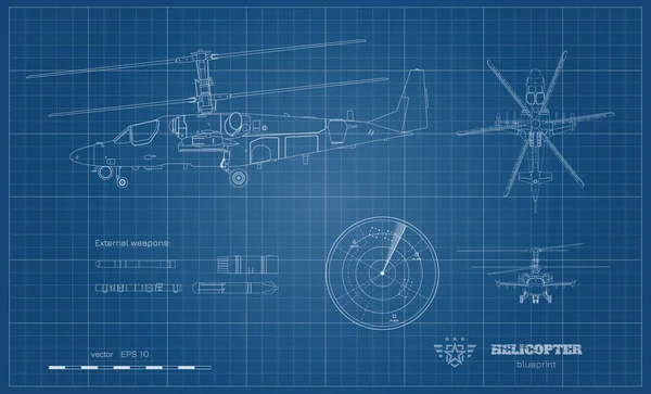 Askeri helikopterin planının taslağı. Silahlı aracın yan, üst ve ön görüntüsü. Dış silahlarla endüstriyel görüntü. Savaş helikopteri