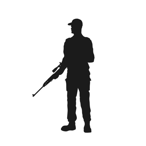 Fekete testőrsziluett fegyverrel. Rendőrtiszt mesterlövész puskával. A börtön biztonságáról alkotott elszigetelt kép — Stock Vector