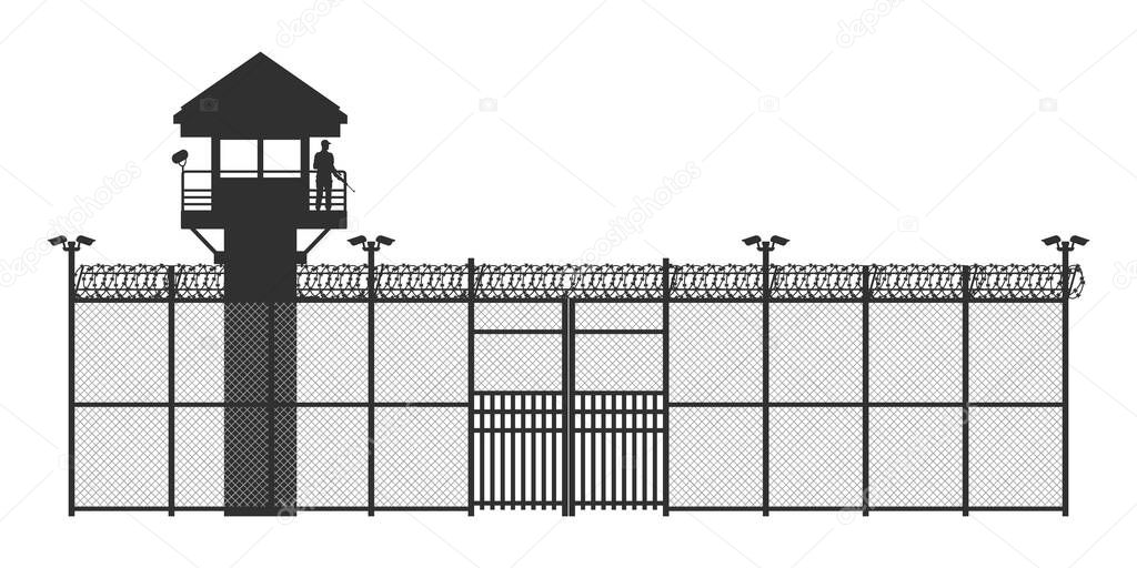 Prison fence on white background. Black silhouette of jail exterior with steel grid. Isolated gate. Symbol of freedom. Industrial scene