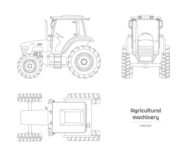 Obrys plánu traktoru. Boční, přední a horní pohled na zemědělské stroje. Farmářské vozidlo. Průmysl izolovaný výkres — Stockový vektor