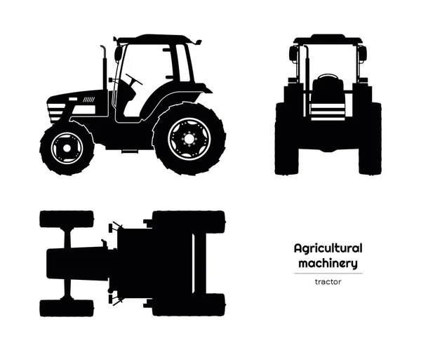 Silueta negra del tractor. Vista lateral, frontal y superior de la maquinaria agrícola. Vehículo agrícola. Dibujo aislado industria — Vector de stock