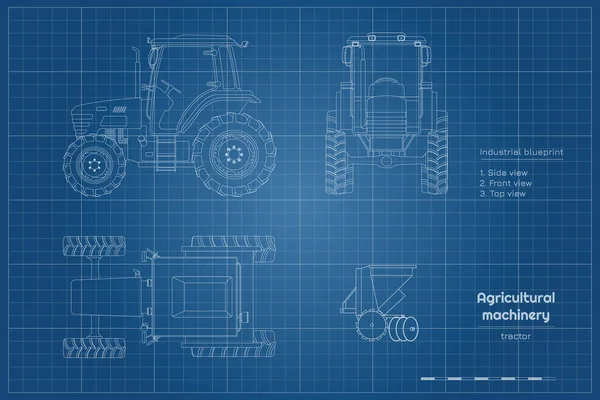 拖拉机的示意图. 农业机械的侧面,正面和顶部视图. 农用车辆。 工业绘图 — 图库矢量图片