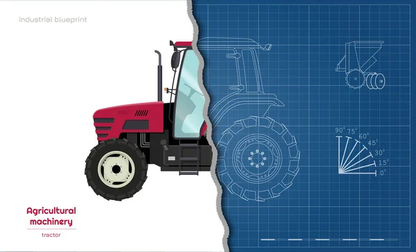 Esquema del modelo del tractor. Vista lateral de maquinaria agrícola. Vehículo agrícola. Industria 3d dibujo — Vector de stock