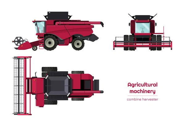Terisolasi menggabungkan pemanen. Sisi, depan dan atas tampilan mesin pertanian. Kendaraan pertanian dengan gaya kartun. Industri blueprin 3d Stok Ilustrasi Bebas Royalti