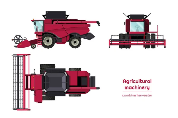 隔离联合收割机。农业机械的侧面,正面和顶部视图.卡通风格的农用车。工业3D蓝图 — 图库矢量图片