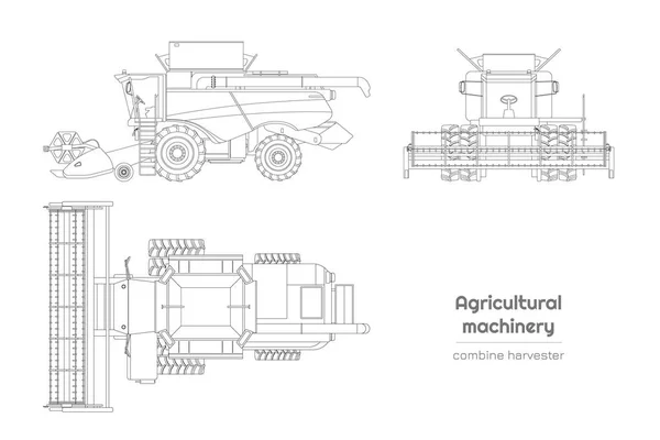 Контурный чертеж комбайна. Вид сбоку, спереди и сверху на сельскохозяйственную технику. Фермерский автомобиль на белом фоне. Отдельный рисунок — стоковый вектор