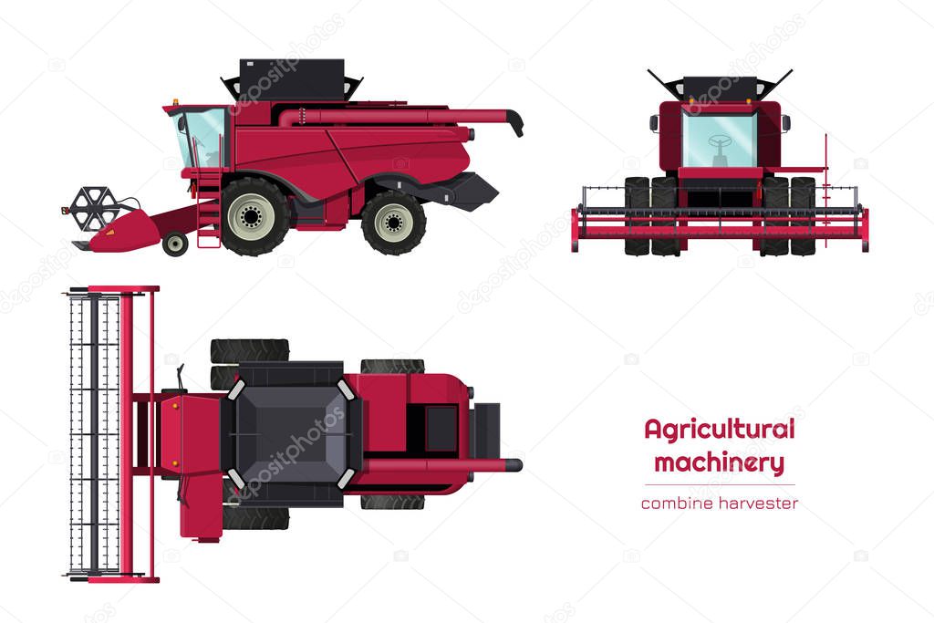 Isolated combine harvester. Side, front and top view of agriculture machinery. Farming vehicle in cartoon style. Industry 3d blueprin