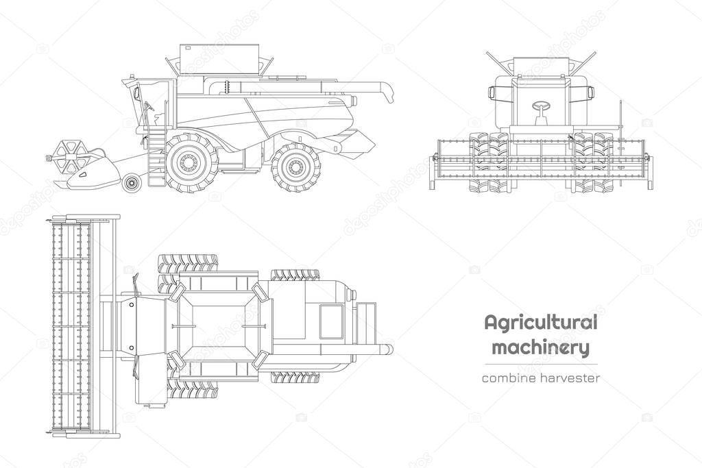 Outline blueprint of combine harvester. Side, front and top view of agriculture machinery. Farming vehicle on white background. Industry isolated drawing