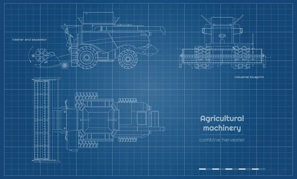 พิมพ์เขียวของเครื่องเกี่ยวนวด มุมมองด้านหน้าและด้านบนของเครื่องจักรกลการเกษตร ยานพาหนะการเกษตร ภาพวาดอุตสาหกรรม เอกสารภายในประเทศ — ภาพเวกเตอร์สต็อก