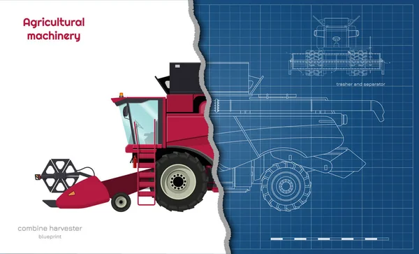 Skizze eines Mähdreschers. Seitenansicht von Landmaschinen. Landwirtschaftsfahrzeug auf weißem Hintergrund. industrielle 3D-Zeichnung. Industriedokument — Stockvektor