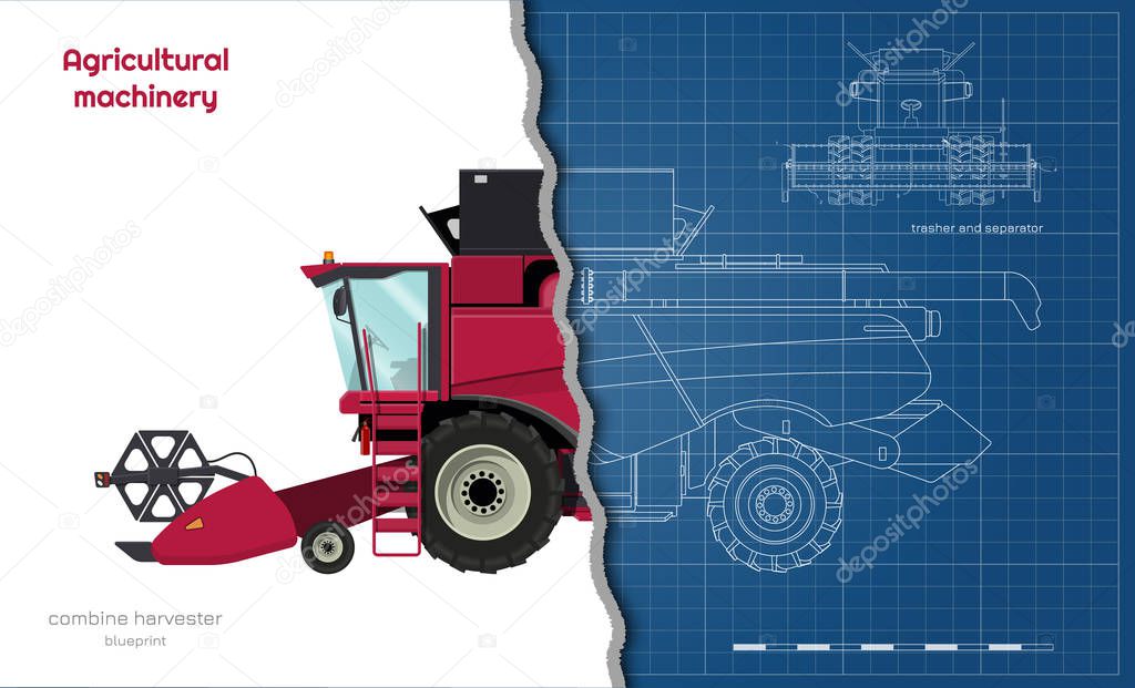 Outline blueprint of combine harvester. Side view of agriculture machinery. Farming vehicle on white background. Industrial 3d drawing. Industry document