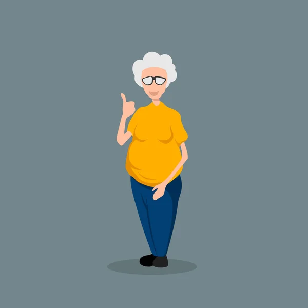 Grootmoeder in tekenfilmstijl. Geïsoleerd beeld van een oude dame. Grappige oma in geel shirt — Stockvector