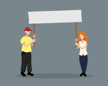 Posterli bir adam ve kız. Politik bir olay. İtiraz ediyorum. Düz stil aktivistler. Sancaklı insanların izole edilmiş görüntüsü. Çizgi film karakterleri