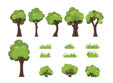 Trees, bushes and grass. Isolated image of forest nature. Wooden plant in cartoon style. Park elements set