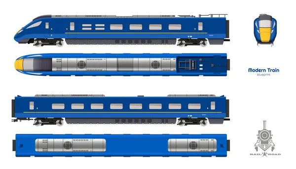 Izolovaný plán modrého moderního vlaku. Boční, horní a přední výhledy. Realistická 3D lokomotiva. Železniční vozidlo. Železniční pesengerová doprava — Stockový vektor
