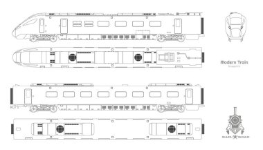 Modern trenin taslağının taslağı. Yan, üst ve ön manzara. İzole edilmiş lokomotif. Demiryolu aracı. Demiryolu kötü yolcu taşımacılığı