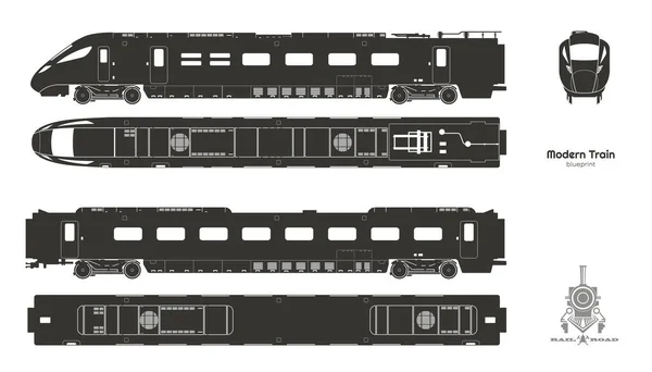Černá silueta moderního vlaku. Boční, horní a přední výhledy. Izolovaný plán lokomotivy. Železniční vozidlo. Železniční pesengerová doprava — Stockový vektor