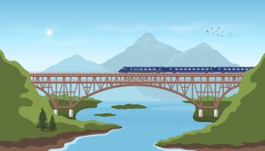 Demiryolu köprüsünün manzarası. Trenle yolculuk. Dağların demiryolu manzarası. Vadide modern ekspres lokomotif