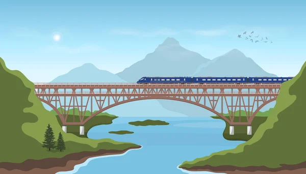 Tájkép vasúti híddal. Utazz vonattal. Hegyi vasút táj. Modern expressz mozdony völgyben — Stock Vector