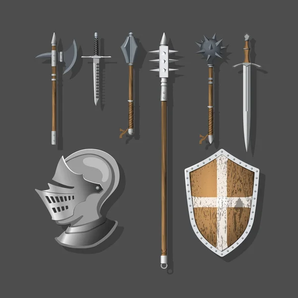 Armes et armures de chevalier. Épée guerrière, bouclier et casque. Icône médiévale 3D réaliste pour le jeu — Image vectorielle