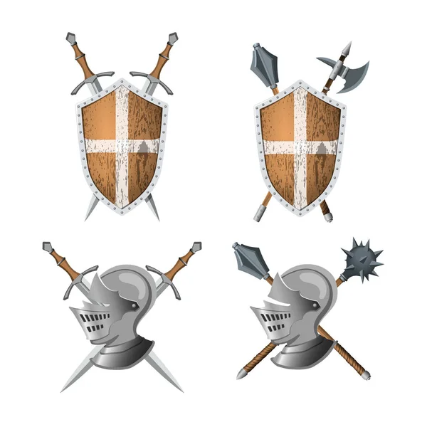 骑士的纹章。战士的武器和盔甲剑，盾牌和头盔的现实风格。纹章纹章。3D中世纪游戏图标 — 图库矢量图片