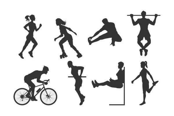 Black silhouettes of fitness people. Outdoor sport. Young active men and girls. Isolated athletic image — Stock Vector