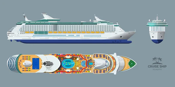 Isolated blueprint of cruise ship. Side, top and front views. Realistic 3d liner. Detailed drawing of modern marine vessel. Sea travel transpotation — Stock Vector